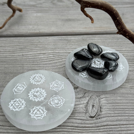 Selenitplatta rund Chakra