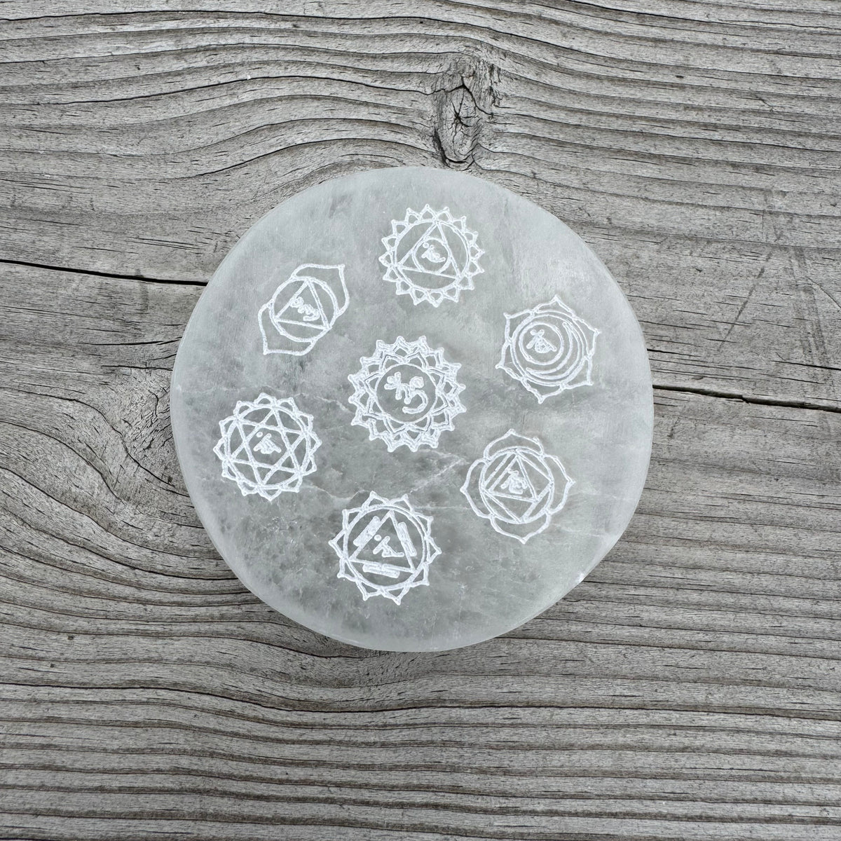 Selenitplatta rund Chakra